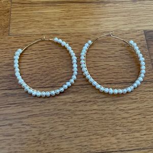 Sterling silver, 14 kt gold overlay real freshwater seed pearls hoop earrings
